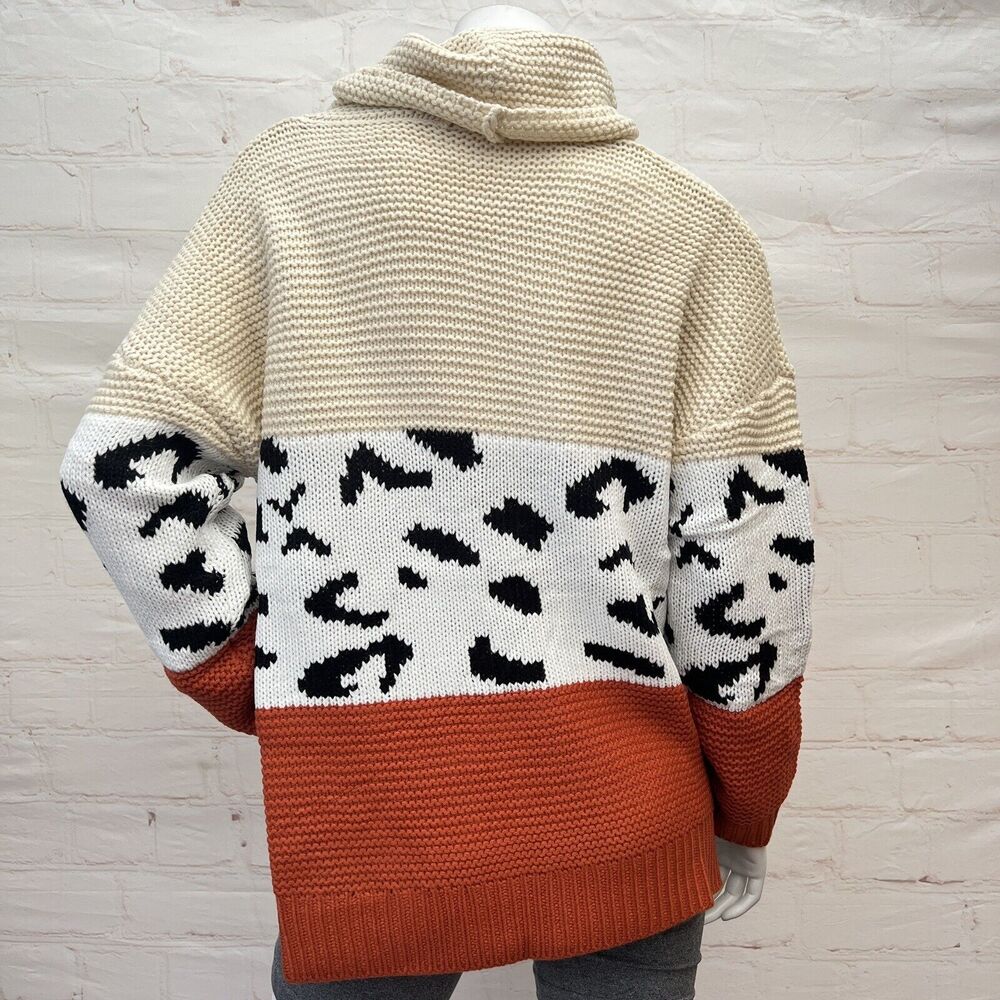 Women's Turtleneck Chunky long sleeve Leopard Print Sweater Cable Knit Sweater L - Picture 5 of 10